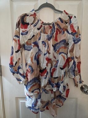 Patrizia Luca White Tunic with Blue, Red, Tan & Black Abstract Print